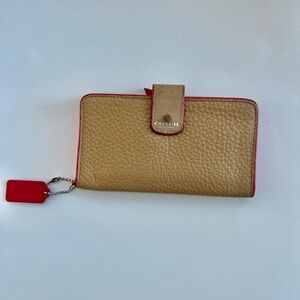 Coach Medium Corner Zip Wallet in Pebble Leather - Taupe/Pink